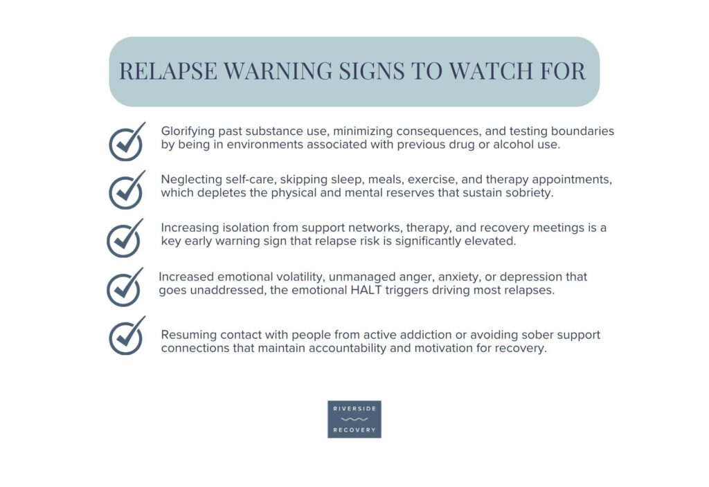Key relapse warning signs include romanticizing past drug or alcohol use, skipping self-care routines, isolating from support networks, unmanaged emotional triggers (HALT), and reconnecting with people from active addiction.