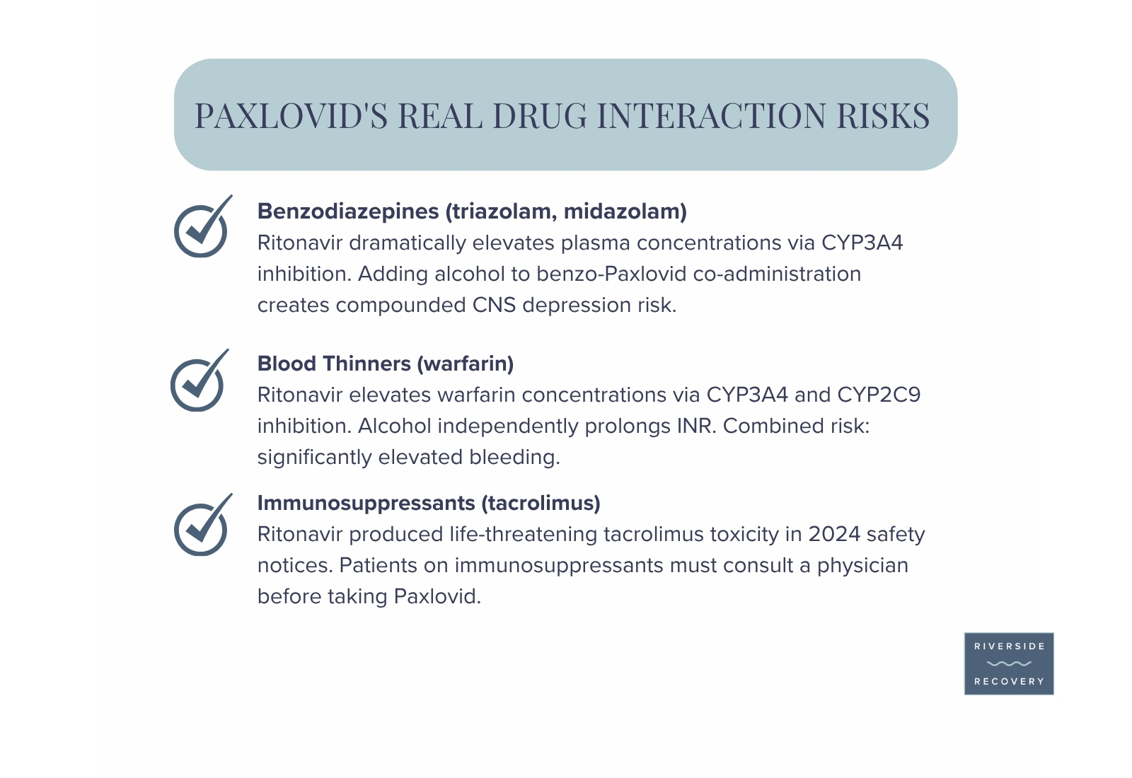 Riverside Recovery of Tampa graphic titled Paxlovid's Real Drug Interaction Risks, covering benzodiazepines, blood thinners and immunosuppressants