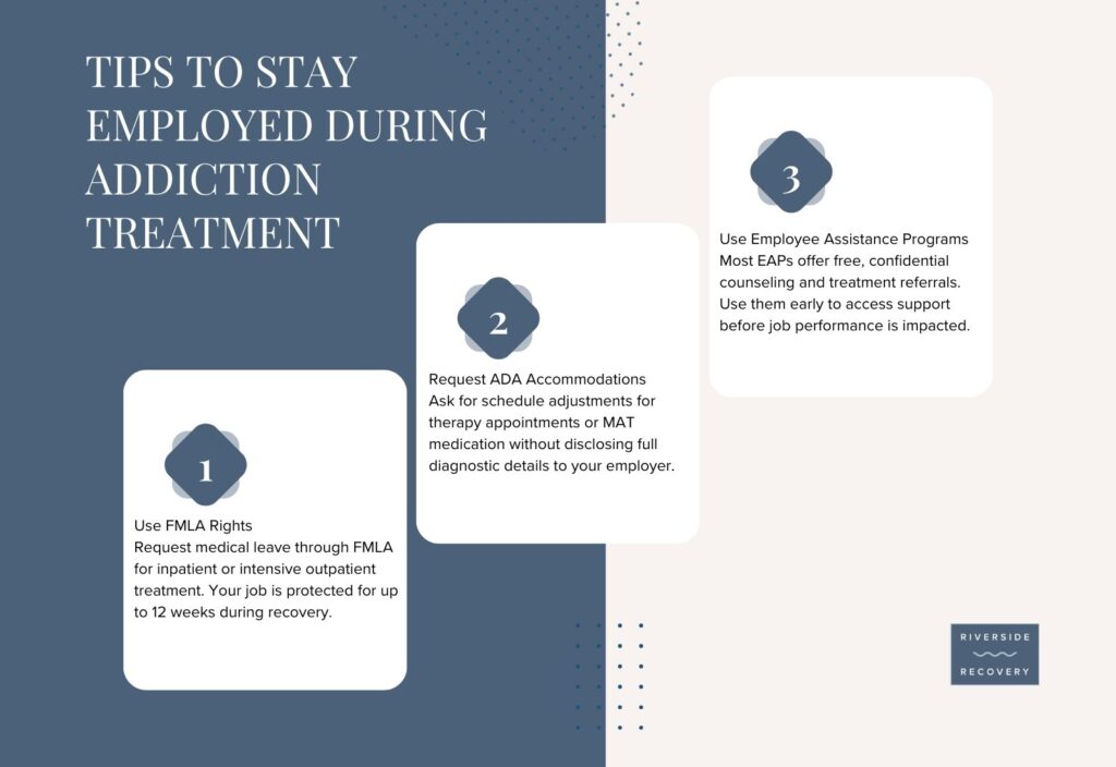 Three tips to maintain employment during addiction treatment: use FMLA rights for up to 12 weeks of protected medical leave, request ADA accommodations for therapy scheduling without disclosing full diagnosis, and use Employee Assistance Programs for free confidential support.