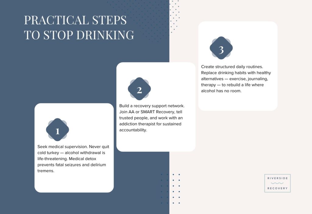 Stopping alcohol safely requires medical detox supervision to prevent fatal seizures, a recovery support network through AA or therapy, and structured routines that replace drinking with healthy alternatives.