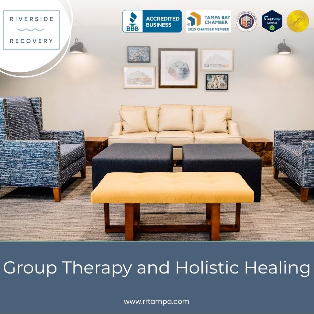 Group therapy lounge area at Riverside Recovery addiction treatment center in Tampa Florida where clients participate in peer support sessions