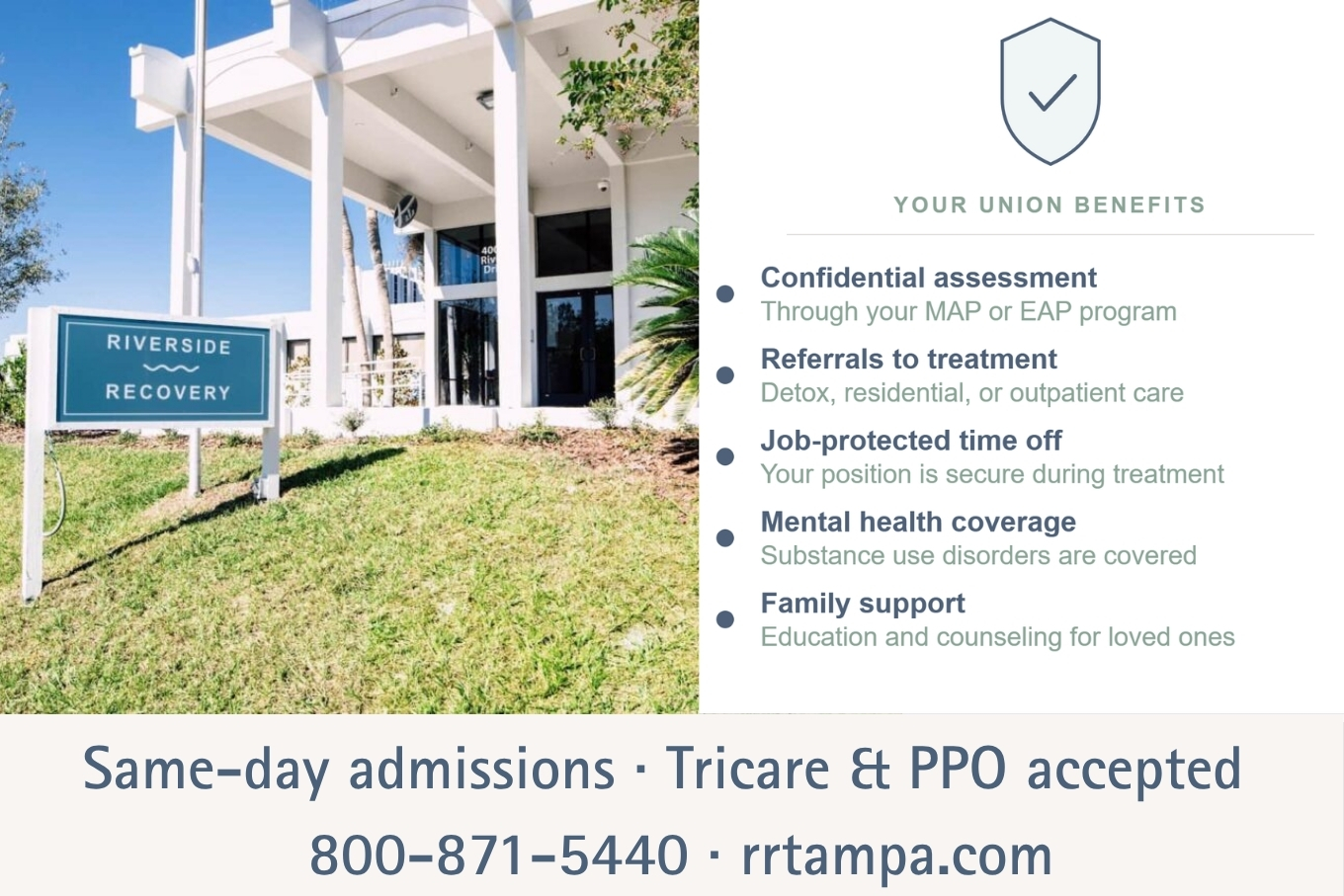 Union health and welfare benefits supporting addiction treatment at Riverside Recovery of Tampa